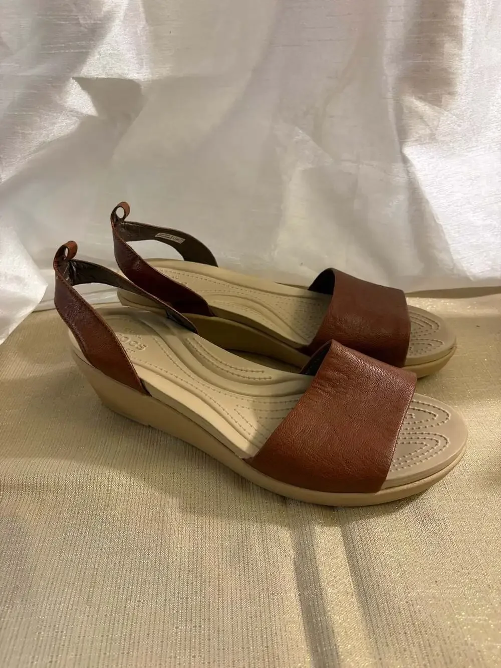 Crocs Brown Leather Slingback Wedge Sandals
